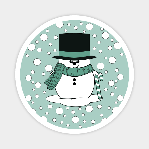 Cute Christmas snowman with a top hat, scarf and candy cane Magnet by Krimbles